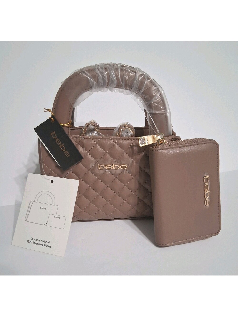 BEBE Sofie Small Quilted Purse,Taupe+ Zipper Coin/Card Purse, NWT